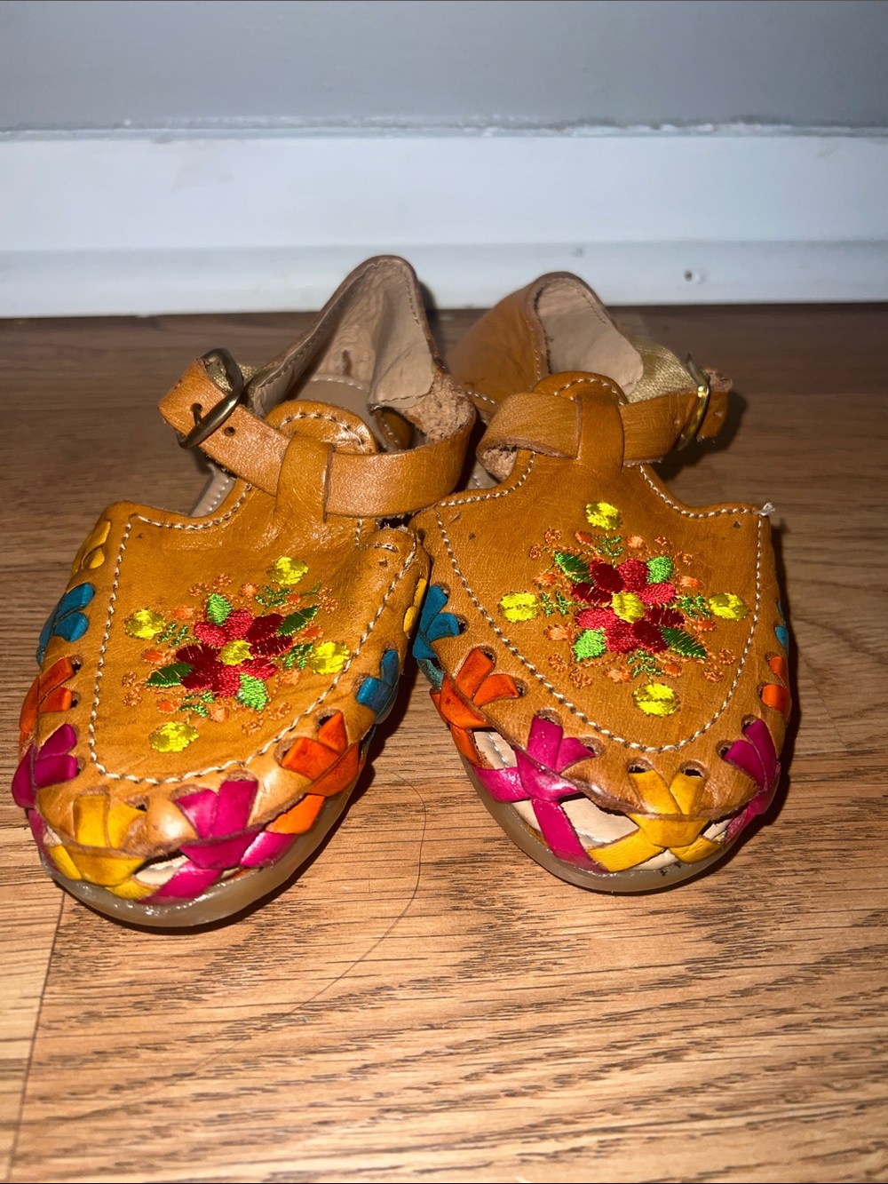 Handcrafted Kids Leather Huarache Sandals - Yellow with Multicolor Embroidery